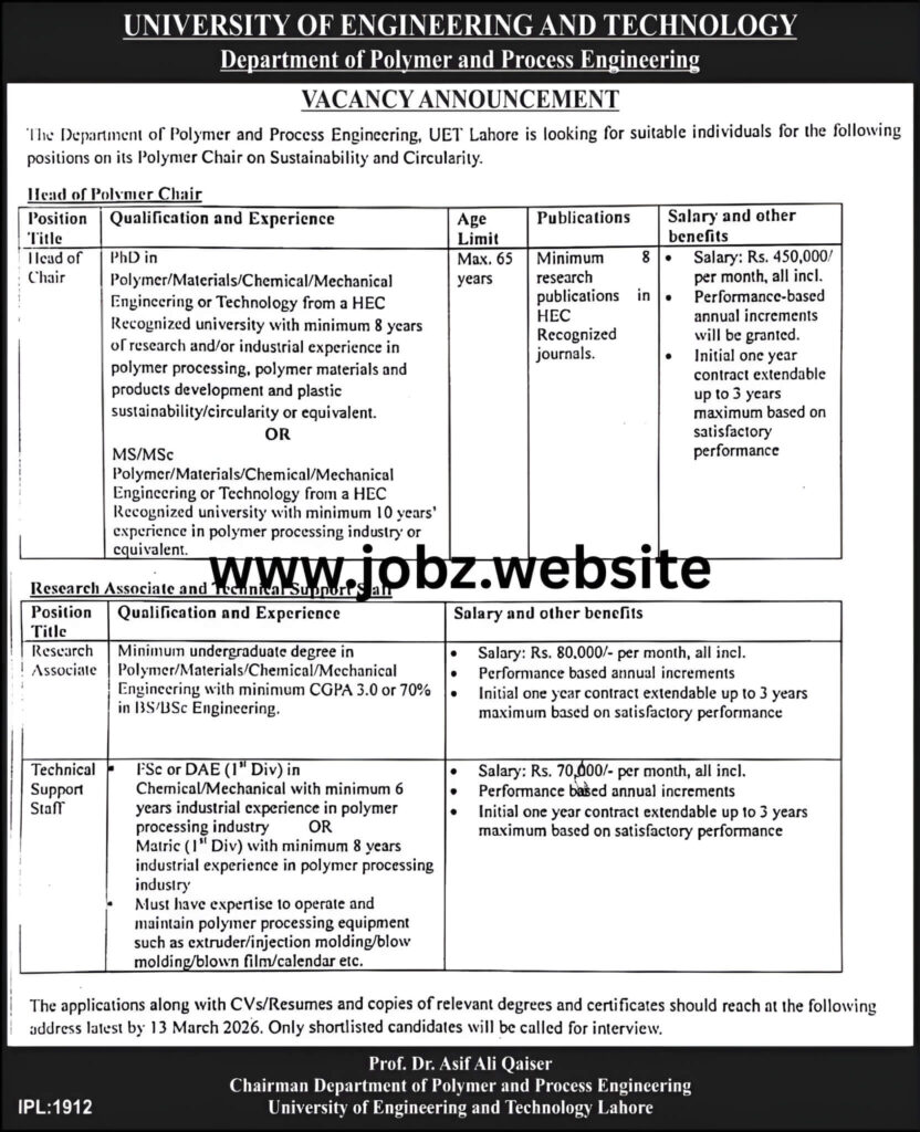Jobs In University Of Engineering and Technology