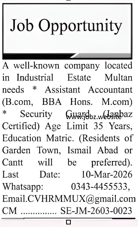 Assistant Accountant Jobs and Security Guard Jobs